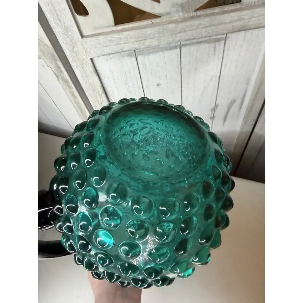Vintage Hobnail Large Blown Glass Green Pitcher Applied Handle Victorian